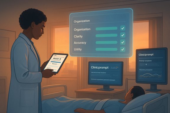 Clinician reviews patient data on a tablet beside a hospital bed with digital prompts.