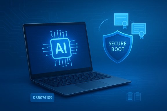 Blue laptop displays an AI chip, with a Secure Boot shield and certificate icons. Blue laptop displays an AI chip, with a Secure Boot shield and certificate icons.