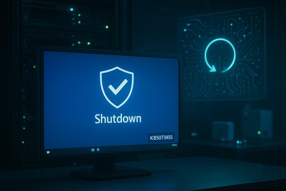 A monitor displays a blue Shutdown screen with a shield and checkmark in a data center.