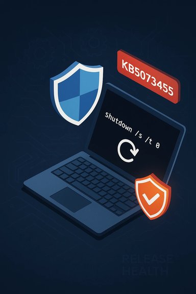 Cybersecurity-themed illustration of a laptop showing a Windows shutdown command, shield icons, and patch KB5073455.