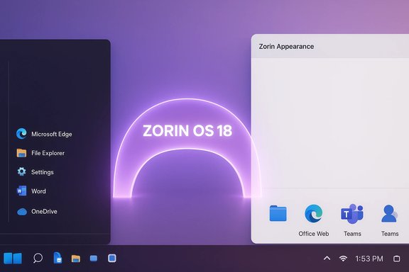 Zorin OS 18 concept desktop with neon purple arches, Windows-style app panel and dock.