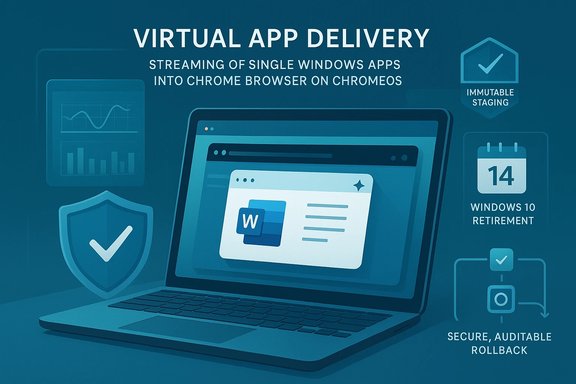 Blue infographic about virtual app delivery: streaming Windows apps into Chrome OS with security and rollback.