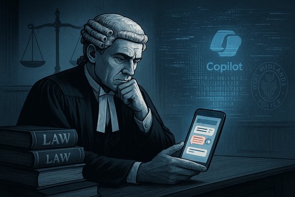 A weary judge in a powdered wig studies a smartphone beside law books.