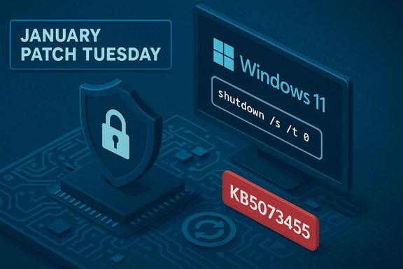 Tech illustration of Windows 11 shutdown, January Patch Tuesday, with a security shield on a circuit board.