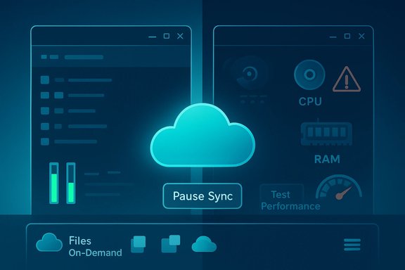 Cloud sync dashboard with a glowing Pause Sync button and system performance indicators. Cloud sync dashboard with a glowing Pause Sync button and system performance indicators.