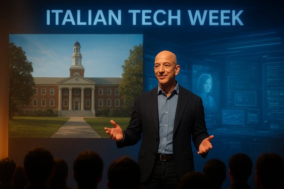 Speaker at Italian Tech Week on stage with a campus building image projected behind him.
