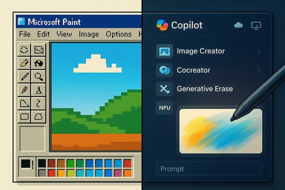 Split-screen: retro Microsoft Paint on the left and Copilot UI on the right with a stylus.