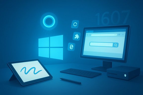 Blue-toned futuristic desk setup with Windows icons, a tablet, monitor, keyboard, and Xbox console.