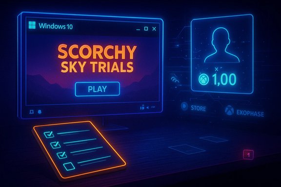 Neon cyberpunk game interface displaying 'SCORCHY SKY TRIALS' on Windows 10 with a glowing Play button and user panel.