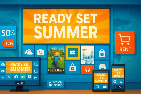 Bright storefront display with a bold READY SET SUMMER sign and tech icons.