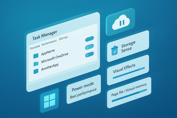 Futuristic blue UI panels show a Task Manager with apps and system widgets.