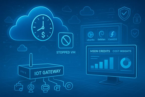 Blue-toned illustration of an IoT gateway connecting devices to the cloud, with a “Stopped VM” icon and a dashboard.