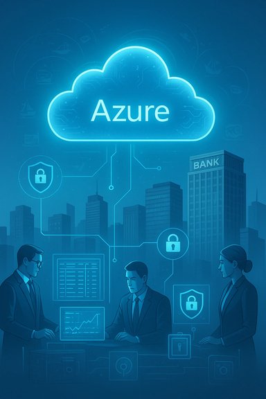 Azure cloud computing with a city skyline, bank, and professionals securing data.