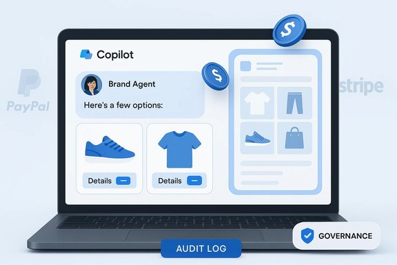 Laptop screen shows Copilot brand agent chat offering product options with audit log and governance badge.