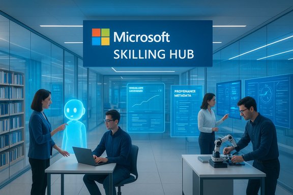Microsoft Skilling Hub lab with a glowing holographic figure, digital dashboards, and engineers at work.
