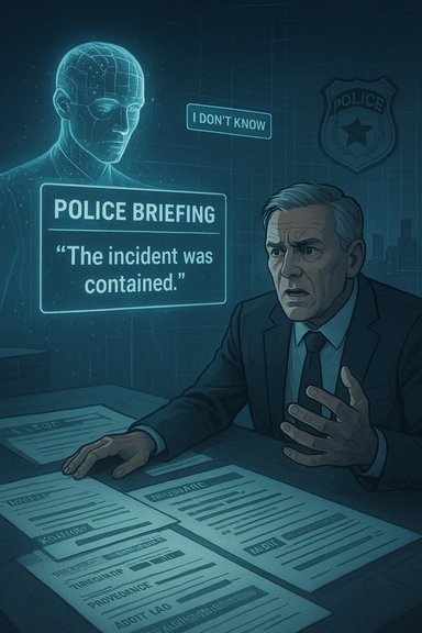 A suited man studies a police briefing on holographic screens: 'The incident was contained.'