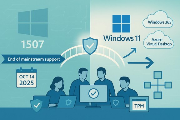 Infographic about end of mainstream Windows support, highlighting Windows 11, cloud desktops, and TPM icons.