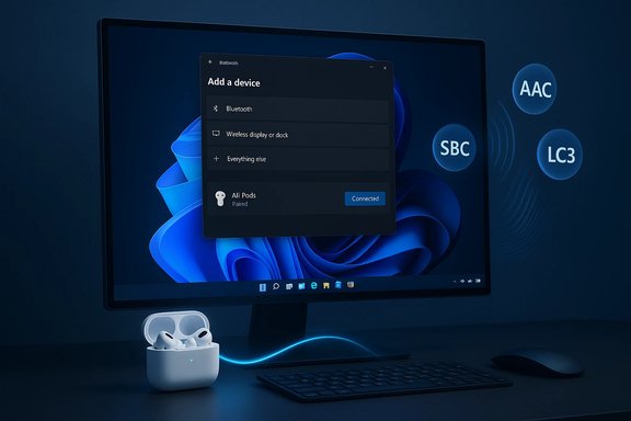 Blue-tinted desk with a Windows monitor showing a 'Add a device' Bluetooth dialog and a glowing AirPods case.
