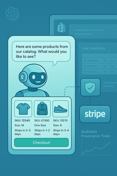 A friendly robot assistant presents catalog items (shirt, backpack, shoes) with a Checkout button.