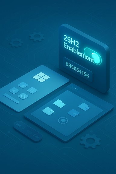 Blue isometric tech scene featuring a glowing 25H2 Enablement card and app icons.