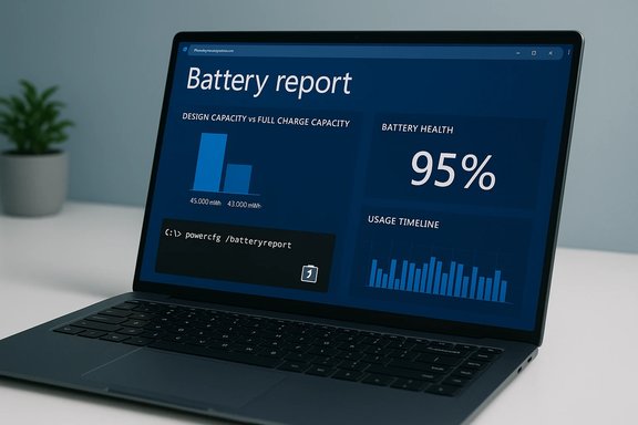 Laptop displays a Battery report dashboard with charts and 95% battery health.
