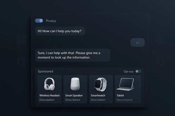 Dark privacy assistant chat UI with a greeting and sponsored device cards.