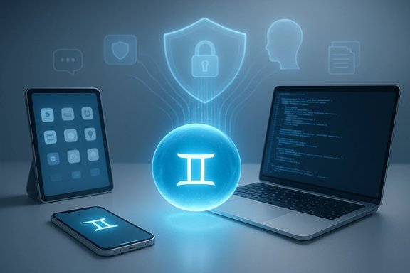 A glowing blue sphere with the Gemini symbol hovers over devices, symbolizing digital security.