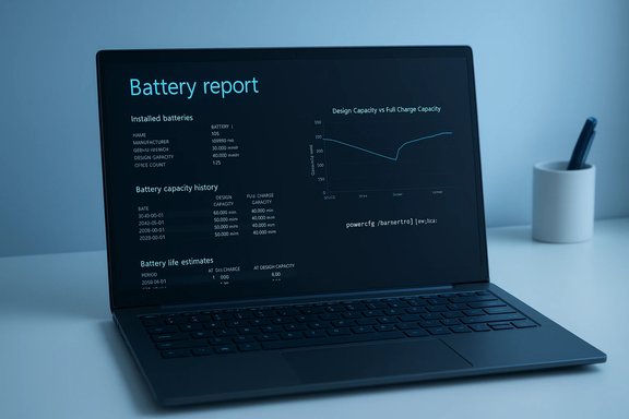 Laptop displaying a battery report dashboard with charts and history. Laptop displaying a battery report dashboard with charts and history.