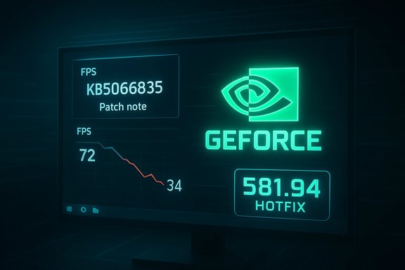 Neon GeForce monitor display shows patch note KB5066835, FPS chart, and hotfix 581.94.
