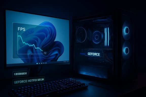 Blue-lit gaming PC setup with a monitor displaying an FPS graph and glowing RGB components. Blue-lit gaming PC setup with a monitor displaying an FPS graph and glowing RGB components.