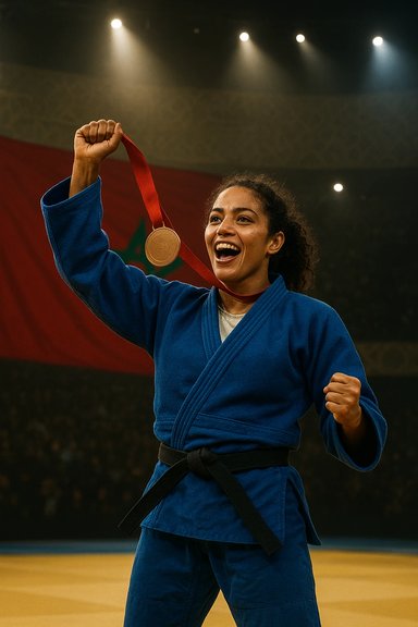 A female judoka in a blue gi proudly raises a gold medal aloft.