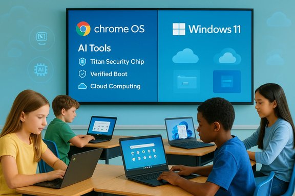 Students use Chromebooks in class as a large screen shows Chrome OS AI tools and Windows 11.