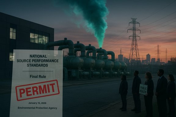 People line up outside an industrial plant as a large PERMIT sign marks the EPA final rule.