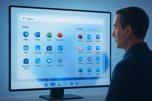 A person stands beside a large monitor displaying a Windows-like app grid. A person stands beside a large monitor displaying a Windows-like app grid.