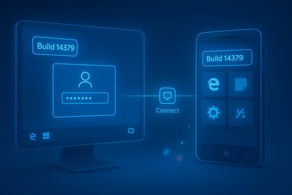 Neon blue illustration of a monitor and phone connected, displaying Build 14379.