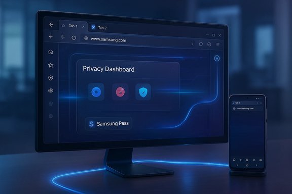Samsung monitor and phone display a Privacy Dashboard and Samsung Pass in a blue neon UI.