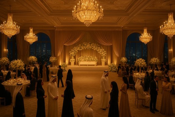 A lavish chandelier-lit ballroom wedding with a cascading white floral arch, draped curtains, and guests in formal attire.