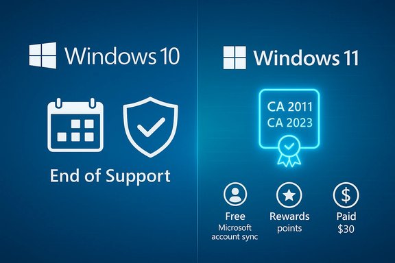 Windows 10 ends support; Windows 11 shows a certificate, rewards, and paid options. Windows 10 ends support; Windows 11 shows a certificate, rewards, and paid options.