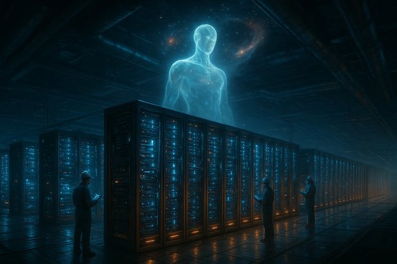 Translucent blue humanoid hologram looms over rows of server racks in a dim data center.