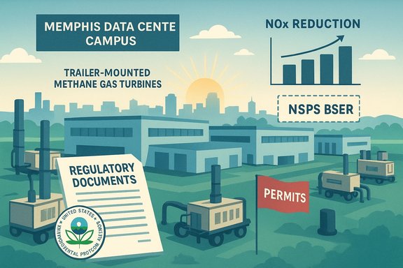 Illustration of a Memphis data center campus with regulatory documents, permits, and NOx reduction.