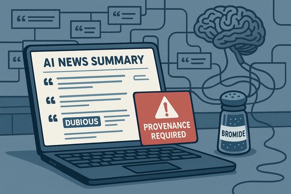AI news summary on a laptop flags dubious content and requires provenance, with a bromide bottle nearby.