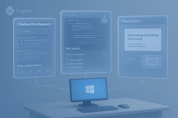 Blue-hued desk with a monitor and three floating panels for citation research, test results, and presentations.