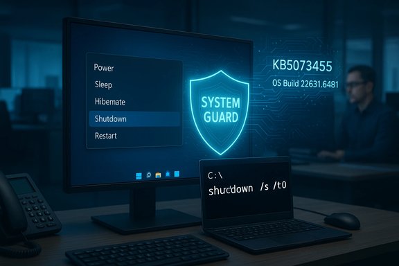 Desk setup featuring a neon 'System Guard' shield and a laptop displaying a shutdown command.