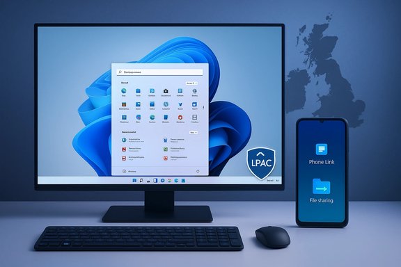 A desktop setup with a large monitor, keyboard, mouse, and a phone showing Phone Link.
