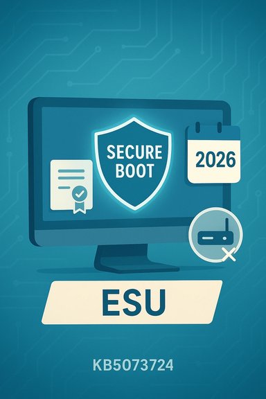 Secure Boot shield shown on a monitor with ESU and a 2026 calendar.
