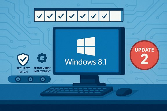 Concept art for Windows 8.1 Update 2, highlighting security patches and performance improvements.