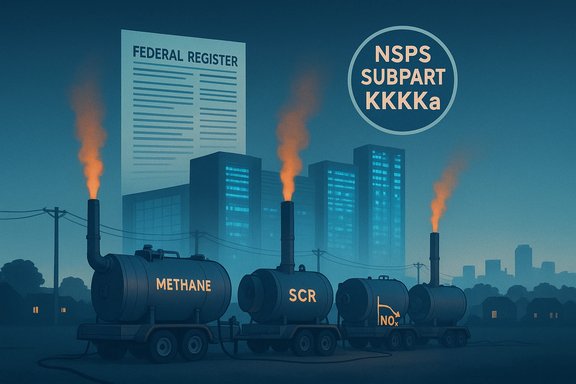 Industrial methane and NOx tanks vent smoke under NSPS Subpart KKKKa beside a Federal Register sign.