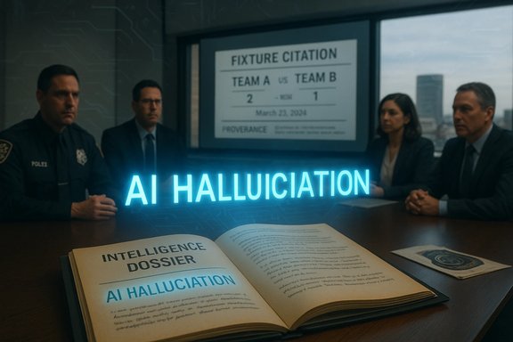 A panel discussion on AI hallucination, with a glowing 'AI HALLUCINATION' sign over an open intelligence dossier.