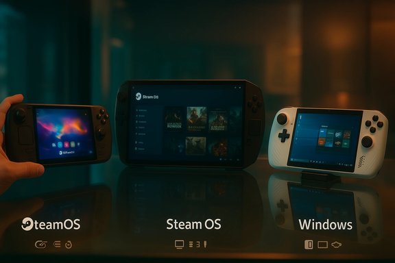 Three handheld consoles on a glossy surface, labeled TeamOS, SteamOS, and Windows.