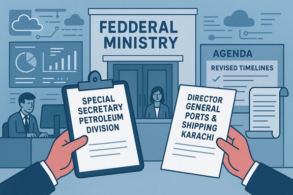 Two officials hold papers naming the Petroleum Division and Ports & Shipping Karachi outside the Federal Ministry.